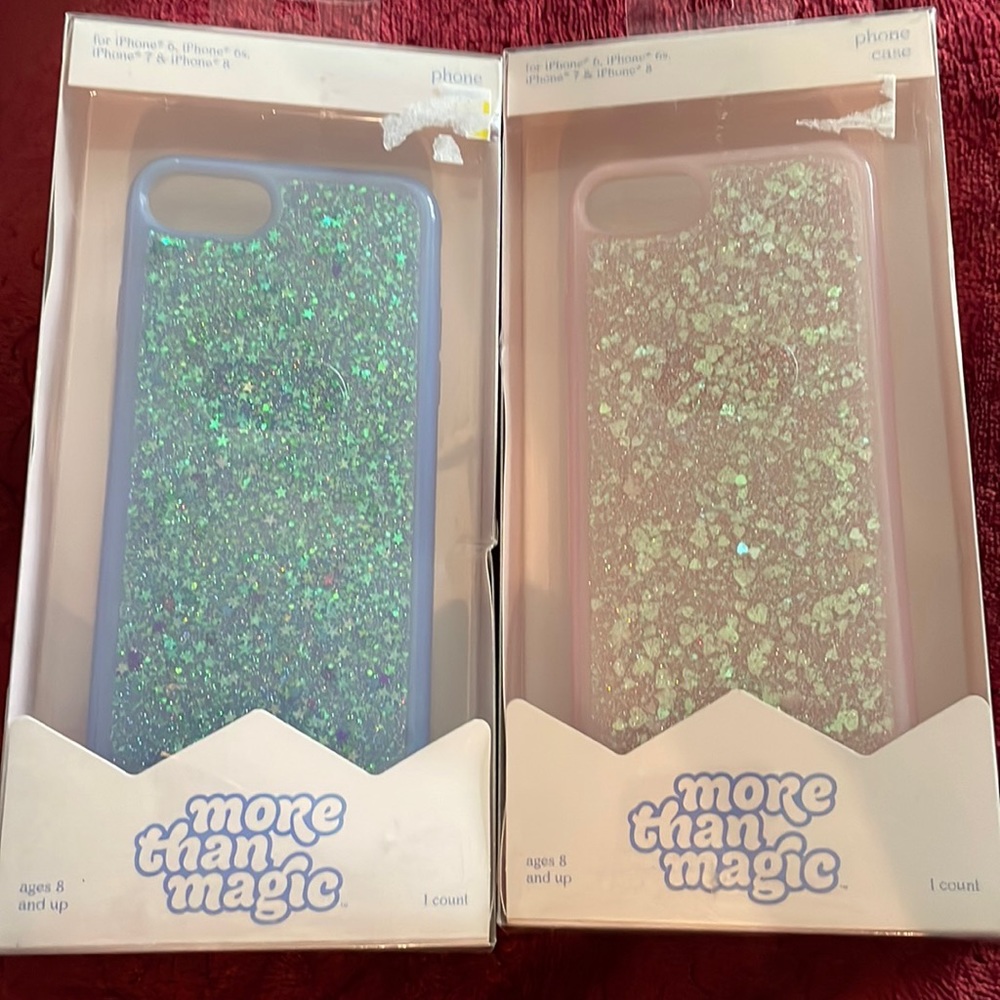 2 iPhone 6, 6s, 7, 8 purple star sparkle phone cases, pink heart sparkle glitter